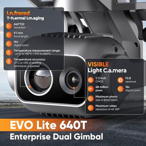 حزمة Autel Robotics EVO Lite 640T Enterprise Bundle، 640x512 T~hermal&1/2'' CMOS 48MP V~isible C-a-mera، تقريب رقمي 1-16x، التعرف على أهداف AI، ناقل حركة 12 كم، 866 جرام خفيف الوزن، 40 دقيقة كحد أقصى in Kuwait