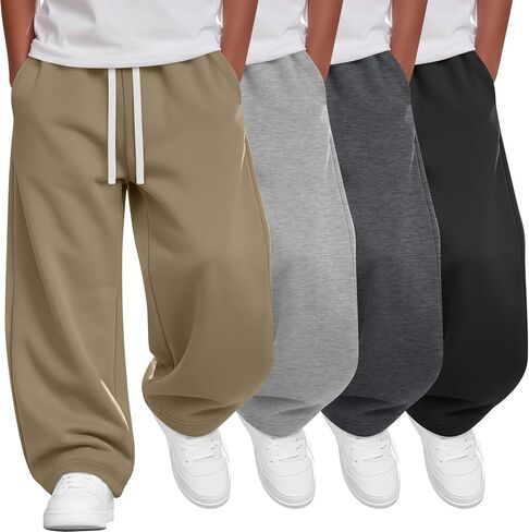4 Pack Boys Wide Leg Sweatpants Kids Athletic Baggy Drawstring Pants Open Bottom Casual Sweat Pants with Pockets in Kuwait