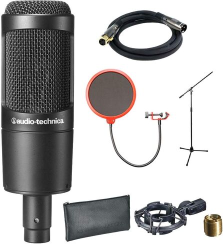 ميكروفون مكثف قلبي الشكل من Audio-Technica (AT2035) مع كابل XLR بطول 10 بوصات ذكر إلى أنثى مطلي بالذهب، وشاشة رياح للميكروفون مع مشبك حامل للميكروفون وحامل ميكروفون احترافي مع ذراع الرافعة in Kuwait