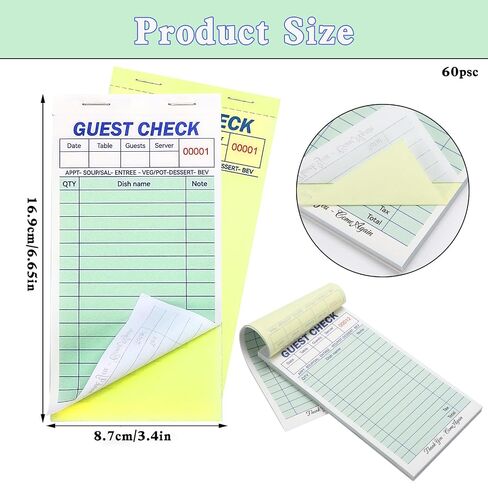 60 Pack Server Note Pads Bulk Double Part Guest Check for Servers, Guest Checks for Servers 2 Part Carbonless Server Order Paper, 3.5 x 6.75 Inch Server Notepads for Bars Cafes Restaurant Food Trucks in Saudi Arabia