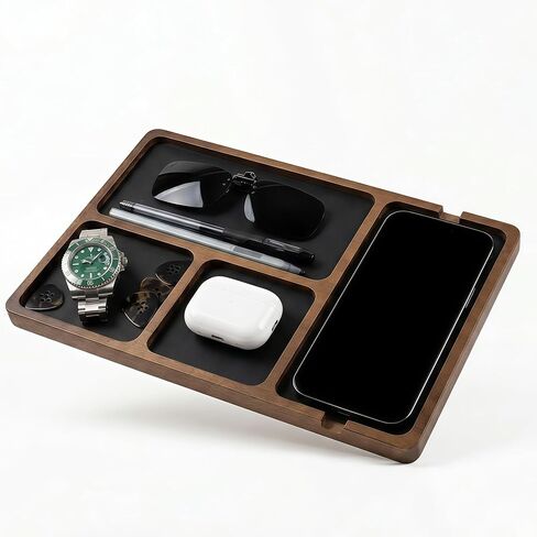 Musiin Desk Organizer Tray, 4-Compartment Wooden Storage Tray | Leather Inlay, For Phone, Guitar Picks, Glasses, Multi-Purpose, For Studio, Nightstand, Living Room in Kuwait