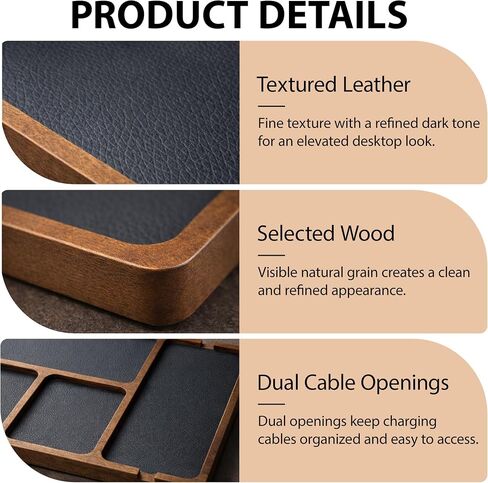 Musiin Desk Organizer Tray, 4-Compartment Wooden Storage Tray | Leather Inlay, For Phone, Guitar Picks, Glasses, Multi-Purpose, For Studio, Nightstand, Living Room in Kuwait