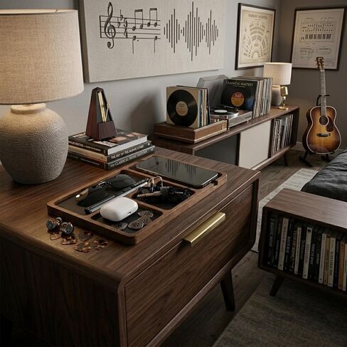 Musiin Desk Organizer Tray, 4-Compartment Wooden Storage Tray | Leather Inlay, For Phone, Guitar Picks, Glasses, Multi-Purpose, For Studio, Nightstand, Living Room in Kuwait
