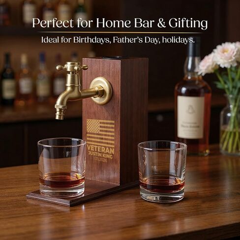Custom Engraved Veteran Flag with Name and Date, Liquor/Bourbon Wooden Whiskey Dispenser Personalized Drink Pourer Premium Home Bar Gift for Men, Husband, Dad, Son in Kuwait