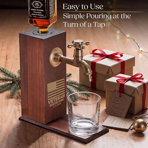 Custom Engraved Veteran Flag with Name and Date, Liquor/Bourbon Wooden Whiskey Dispenser Personalized Drink Pourer Premium Home Bar Gift for Men, Husband, Dad, Son in Kuwait