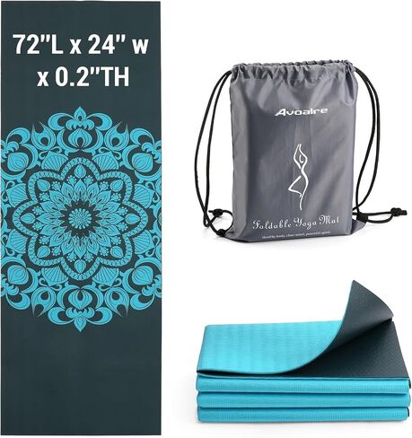 Avoalre Folding Yoga Mat, Eco-Friendly PVC Travel Yoga Mat Packable, Double Sided Non-Slip Printed Yoga Mats with Bag for Home Workout Gym Exercise Fitness Pilates Stretching (72" x 24" x 1/5" Thick) in Kuwait