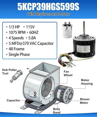 محرك منفاخ فرن HVAC 5KCP39HGS599S متوافق مع GE & Trane MOT9053 MOT09053 MOT16953 MOT18948 MOT04716 MOT04722 MOT13512 (1/3 HP 115V 1075 RPM 4 سرعات) in Kuwait