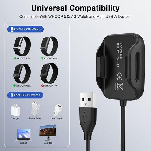 شاحن USB متوافق مع Whoop 5.0/MG، One، Peak، Life – 3.3 قدم/1 متر سلك كابل شحن محمول USB-A لشاحن Whoop 5.0/MG، غير متوافق مع Whoop 4.0 in Kuwait
