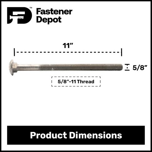 5/8"-11 x 11 (25 Sets) Hot Dipped Galvanized Carriage Bolt Kit for Exterior Use Grade 307A, Includes: USS Flat Washers (25 pcs) and Hex Nuts (25 pcs) by Fastener Depot in Kuwait