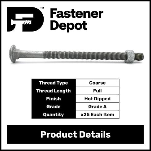 1/2"-13 x 9 (25 Sets) Hot Dipped Galvanized Carriage Bolt Kit for Exterior Use, Commercial Grade 307A, Includes Nuts (25 pcs), 6" of Thread - by Fastener Depot in Kuwait