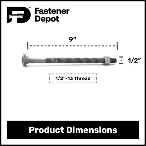 1/2"-13 x 9 (25 Sets) Hot Dipped Galvanized Carriage Bolt Kit for Exterior Use, Commercial Grade 307A, Includes Nuts (25 pcs), 6" of Thread - by Fastener Depot in Kuwait