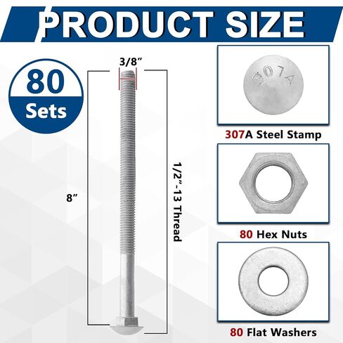 Therwen 80 Pack 3/8" x 8" Carriage Bolts Kits 307A 1/2" USS Flat Washers and Hex Nuts Hot Dipped Galvanized Grade 6" Thread Length 13 Tpi Carriage Bolts Kits for Wooden Deck Fence Garden in Kuwait