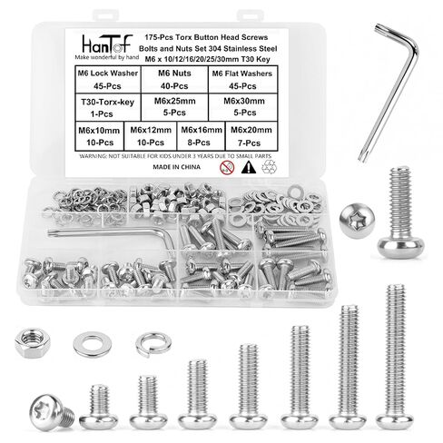 175Pcs M6 Torx Bolts and Nuts Set, Round Head Torx Screws Bolts, Pan Head Machine Screws, Security Anti-Theft Screw, 304 Stainless Steel, Full Thread Pitch : 1.0 mm, with T30 Wrench. in Kuwait