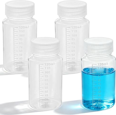 Wide Mouth Plastic Bottles with Lids, 4 Pcs 4oz/120ml PP Sample Containers Refillable Graduated Empty Liquid Medicine Travel Container for Water Sample Lab Reagent Medicine Storage in Kuwait