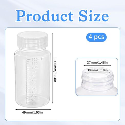 Wide Mouth Plastic Bottles with Lids, 4 Pcs 4oz/120ml PP Sample Containers Refillable Graduated Empty Liquid Medicine Travel Container for Water Sample Lab Reagent Medicine Storage in Kuwait