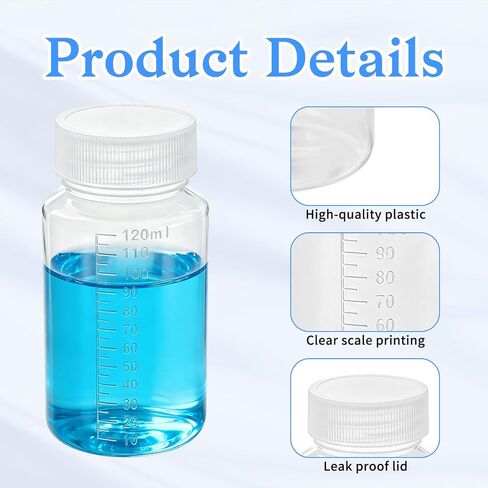 Wide Mouth Plastic Bottles with Lids, 4 Pcs 4oz/120ml PP Sample Containers Refillable Graduated Empty Liquid Medicine Travel Container for Water Sample Lab Reagent Medicine Storage in Kuwait
