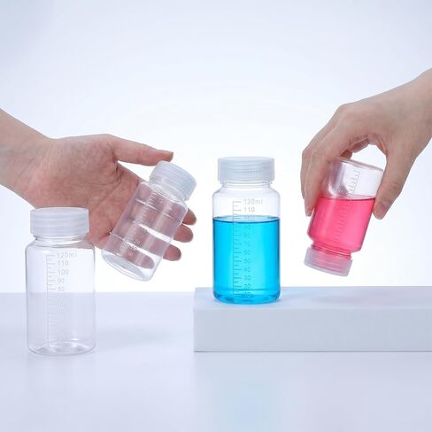 Wide Mouth Plastic Bottles with Lids, 4 Pcs 4oz/120ml PP Sample Containers Refillable Graduated Empty Liquid Medicine Travel Container for Water Sample Lab Reagent Medicine Storage in Kuwait