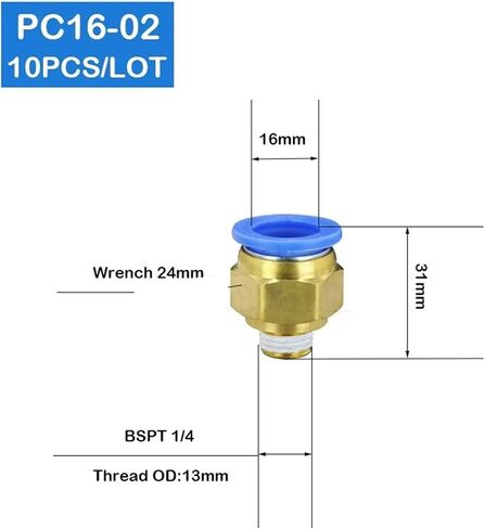 10Pcs PC16-02 16mm To 1/4 Inch Pneumatic Connectors Male Straight One-touch Fittings in Kuwait