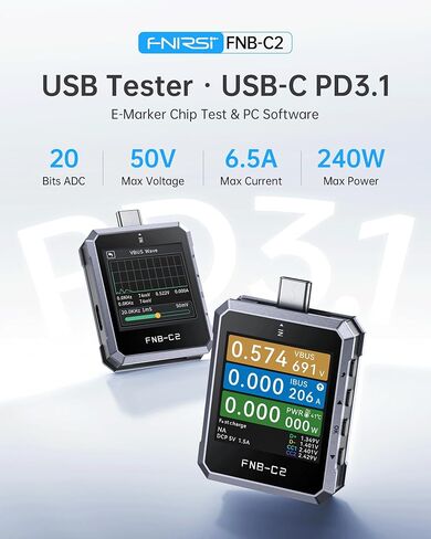 FNIRSI FNB-C2 PD 3.1 USB C Tester 4-50V 6.5A 240W, USB Power Meter with 20-Bit ADC 7-Digit Display Bi-Directional, 1.54" Screen, Curve View & Gravity Sensor, Supports PPS, QC3.0, E-Marker in Saudi Arabia