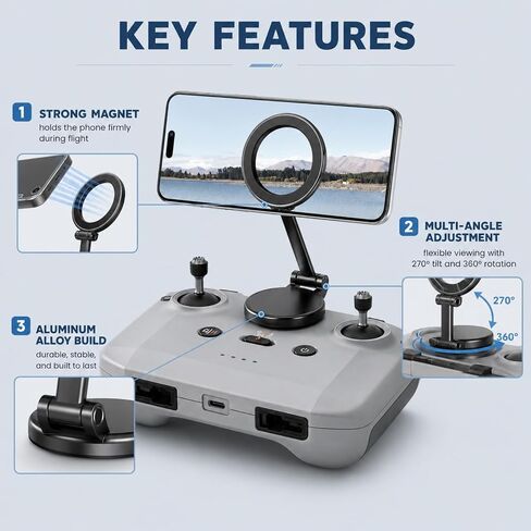 Adjustable Magnetic Phone Stand for DJI Rc-N1/N2/N3 Remote Control,for DJI Neo 2/ Avata 360/Mini 5 Pro/ 4 Pro/ 3/ Mini 4k/Air 3s/Avata 2 Skyrover X1 Drone Drone Accessories(Black) in Saudi Arabia