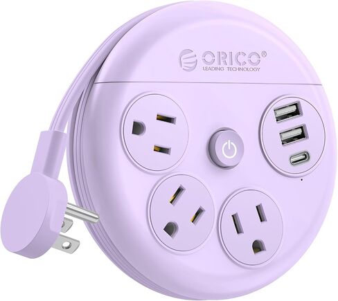 قطاع طاقة للسفر من ORICO، سلك تمديد مسطح بطول 4 أقدام مع 3 منافذ تيار متردد ومنفذي شحن USB-A و1 USB-C، قابس مسطح 45 درجة، واقي ضد زيادة التيار ضروري للرحلات البحرية/المنزل/المكتب، أرجواني-OR in Kuwait
