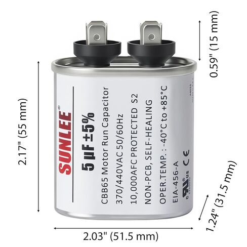SUNLEE UL معترف به 5 فائق التوهج (5 MFD) 370/440 VAC CBB65 مكثف تشغيل بيضاوي، 50/60 هرتز، بديل موثوق لمحرك مروحة مكثف التيار المتردد، المضخة الحرارية أو محرك منفاخ مضخة حمام السباحة، الفرن in Kuwait