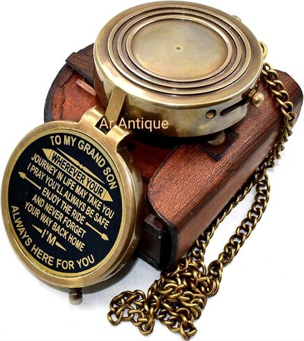 بوصلة جيب نحاسية من To My Grandson مع حقيبة جلدية وسلسلة - بوصلة شمسية بحرية عتيقة، بوصلة ساعة جيب Steampunk العتيقة للرجال، هدايا، تخييم، المشي لمسافات طويلة والديكور البحري، عيد الميلاد in Kuwait