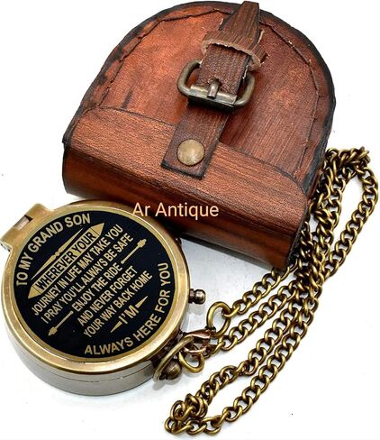 بوصلة جيب نحاسية من To My Grandson مع حقيبة جلدية وسلسلة - بوصلة شمسية بحرية عتيقة، بوصلة ساعة جيب Steampunk العتيقة للرجال، هدايا، تخييم، المشي لمسافات طويلة والديكور البحري، عيد الميلاد in Kuwait