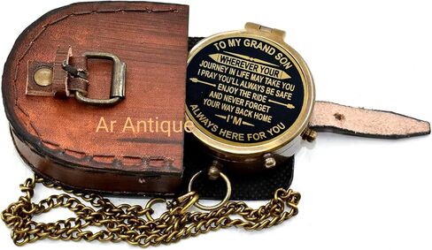 بوصلة جيب نحاسية من To My Grandson مع حقيبة جلدية وسلسلة - بوصلة شمسية بحرية عتيقة، بوصلة ساعة جيب Steampunk العتيقة للرجال، هدايا، تخييم، المشي لمسافات طويلة والديكور البحري، عيد الميلاد in Kuwait