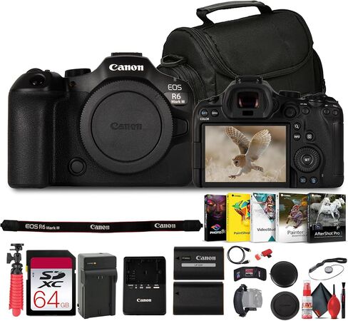 كاميرا Canon EOS R6 Mark III مع عدسة 24-105 مم f/4 RF | أداء عالي الدقة 32.5 ميجابكسل، وسير عمل RAW بدقة 7K، والتركيز البؤري التلقائي السريع والتثبيت (7084C010) + بطاقة سعة 64 جيجابايت + برنامج صور + المزيد (متجدد) in Kuwait