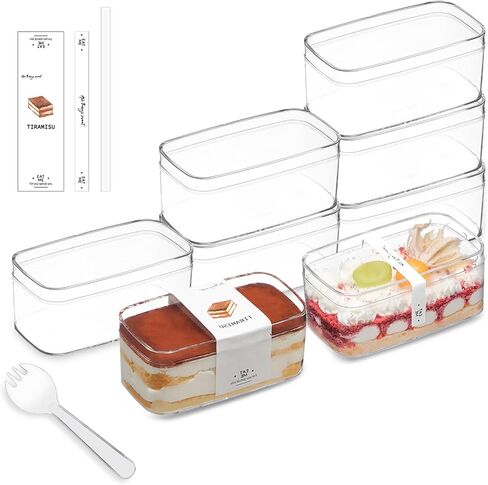 20 Pack 10OZ Rectangle Clear Plastic Dessert Cups with Lids and Sporks&Stickers Disposable Fruit Cups for Dessert,Tiramisu container with lid,Cupcake,Parfait,Pudding,Iced Cold Drinks,Fruits in Saudi Arabia