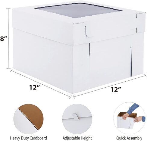 صناديق كعكة طويلة للكعك، 12 × 12 × 8 بوصة [12 عبوة] صندوق خبز قوي وسميك مع نافذة، حامل كعكة أبيض، حاويات كعكة للاستعمال مرة واحدة، صناديق كعكة عيد الميلاد in Kuwait