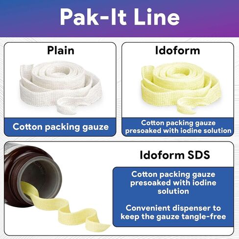 شرائط شاش Idoform من Pak، عدد 1 - 0.25 بوصة × 5 ياردة من شرائط القطن المعقمة مع اليود - ملحق موزع خالٍ من التشابك - شاش تعبئة الجروح المقطوع مسبقًا - جيد لامتصاص إفرازات الجروح in Kuwait