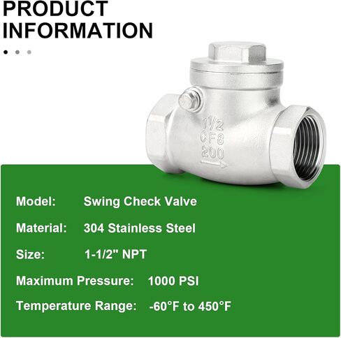 TAISHER 1PCS 304 Stainless Steel 1-1/2" NPT Female Swing Check Valve，Backflow Prevention, One Way Check Valve CF8 WOG 1000 in Kuwait