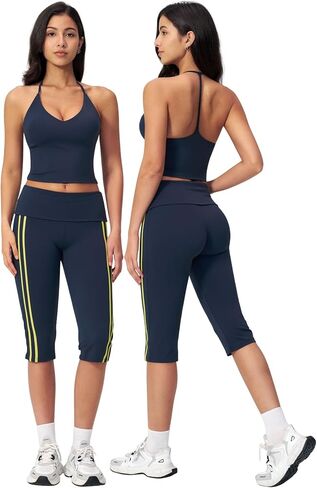 Women 2 Piece Workout Set Spaghetti Straps Tank Top and High Waist Capri Pants Yoga Outfits in Kuwait