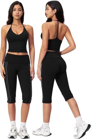 Women 2 Piece Workout Set Spaghetti Straps Tank Top and High Waist Capri Pants Yoga Outfits in Kuwait