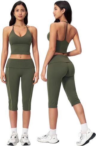 Women 2 Piece Workout Set Spaghetti Straps Tank Top and High Waist Capri Pants Yoga Outfits in Kuwait