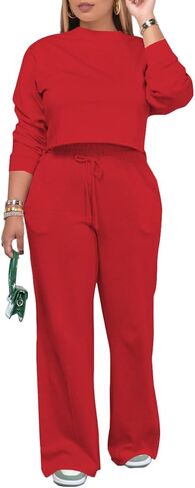 PINSV Women's 2 Piece Outfits Sweatsuit Set Long Sleeve Crop Top Drawstring Wide Leg Pants with Pockets Tracksuits Casual Set in Kuwait