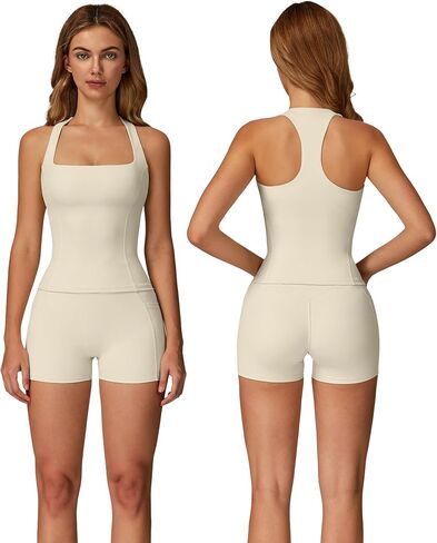 OMEWEE Two piece workout sets for women Wide Straps Tank Top and anti-squat Shorts with Pockets for tennis, yoga, gym in Kuwait
