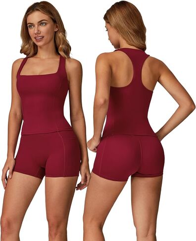 OMEWEE Two piece workout sets for women Wide Straps Tank Top and anti-squat Shorts with Pockets for tennis, yoga, gym in Kuwait