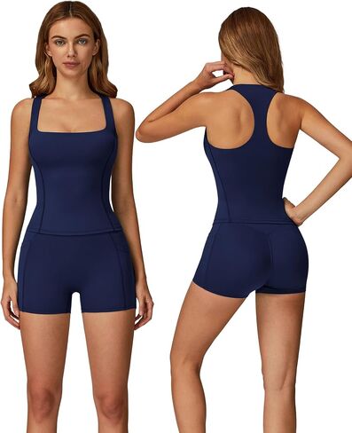OMEWEE Two piece workout sets for women Wide Straps Tank Top and anti-squat Shorts with Pockets for tennis, yoga, gym in Kuwait