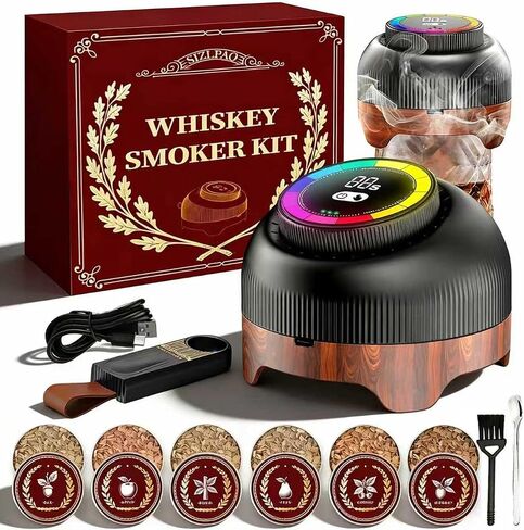 Electric Whiskey Smoker Kit with Adjustable 60-Second Smoke Control – Flame-Free & No Butane Needed, Rechargeable Cocktail Smoker for Old Fashioned, Includes 6 Wood Chip Flavors, Bourbon Gift for Men in Kuwait