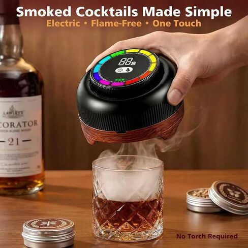 Electric Whiskey Smoker Kit with Adjustable 60-Second Smoke Control – Flame-Free & No Butane Needed, Rechargeable Cocktail Smoker for Old Fashioned, Includes 6 Wood Chip Flavors, Bourbon Gift for Men in Kuwait