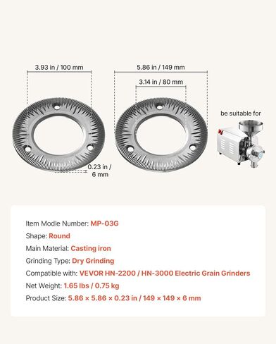 VEVOR 2PCS Grinding Sheets for Electric Grain Mill Grinder, Cast Iron Dry Grinding Discs, Replacement Grinding Plates Compatible with VEVOR HN-2200, HN-3000 Corn Spice Mill Grinder in Kuwait
