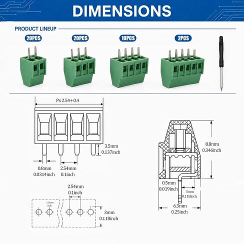 52PCS 2.54mm 0.1 "الملعب PCB جبل المسمار محطة كتلة موصل 2P 3P 4P محطات 150V 6A متوافق 26-18AWG كابل لمشاريع الالكترونيات المنزلية in Kuwait