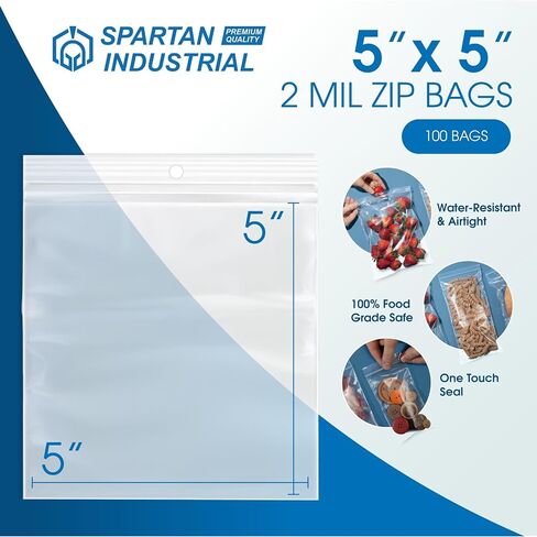 Spartan Industrial - 5" X 5" Square Zip Bags With Hang Hole for Displays (100 Count) - 2 Mil Plastic Resealable Bags for Storage and Packaging in Kuwait