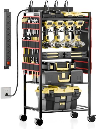 5-Tier Power Tool Organizer Cart with Charging Station - 8 AC Outlets, 300 lbs Heavy Duty Utility Rack, Rolling Drill Holder & Tool Storage Cart on Wheels for Garage, Workshop, Gift,Red in Saudi Arabia