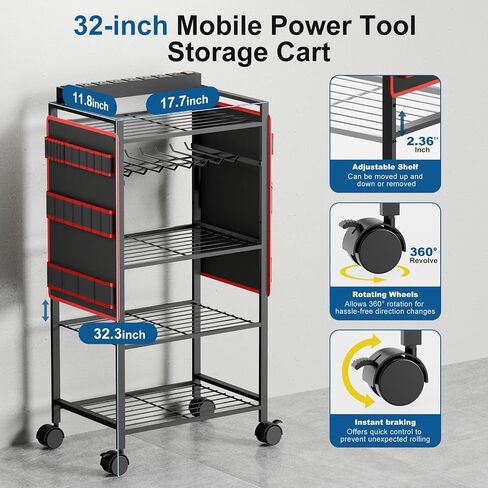 5-Tier Power Tool Organizer Cart with Charging Station - 8 AC Outlets, 300 lbs Heavy Duty Utility Rack, Rolling Drill Holder & Tool Storage Cart on Wheels for Garage, Workshop, Gift,Red in Saudi Arabia