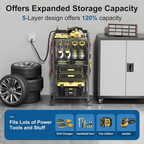 5-Tier Power Tool Organizer Cart with Charging Station - 8 AC Outlets, 300 lbs Heavy Duty Utility Rack, Rolling Drill Holder & Tool Storage Cart on Wheels for Garage, Workshop, Gift,Red in Saudi Arabia