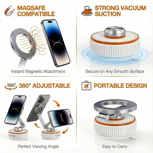 Vacuum Magnetic Car Phone Mount, 120+ LB Vacuum Suction & 3000gf Magnetic Force, 360° Triple-Axis Adjustable Car Holder for iPhone & All Phones, Twist-Lock Suction Cup, Quick-Release – White in Saudi Arabia